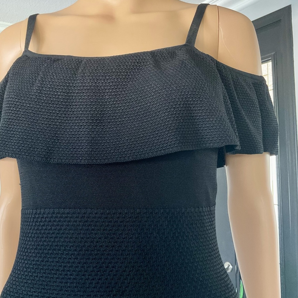 BEBE LONG FITTED OFF THE SHOULDER DRESS